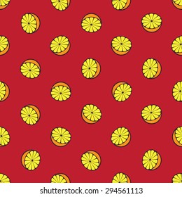 Vector seamless pattern with rotated half citrus fruits, can be interpreted as lemons, grapefruits, oranges etc.