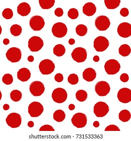 Vector seamless pattern with rough messy ink stains. Red uneven prints of round shapes on a white background.