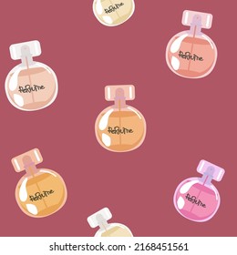 Vector seamless pattern. Rough sketch of perfume bottles on red background. illustration.