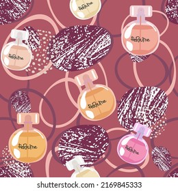Vector seamless pattern. Rough sketch of perfume bottles on red background. illustration
