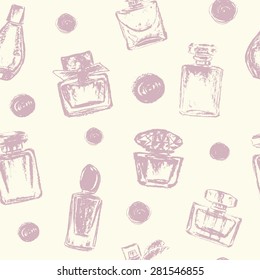 Vector seamless pattern. Rough sketch of perfume bottles and polka dots in pastel colors on neutral background.