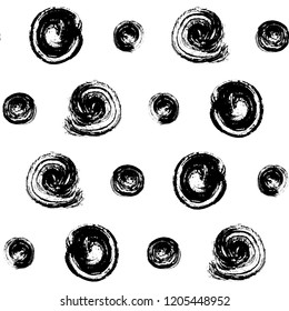 Vector seamless pattern with round brush strokes on white background. Monochrome hand drawn ink texture circles. Stylish polka dot design.