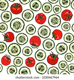 Vector Seamless Pattern with Round Cucumbers Slices and Red Tomatoes. Fresh Green Vegetable Salad. Healthy Vegetarian Cuisine. Savoyar Doodle Style.