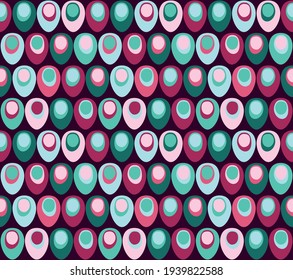 vector seamless pattern of round form with simple ornament in middle and space between repeating form in blue-green and purple colours scheme. psychedelic contrast palette