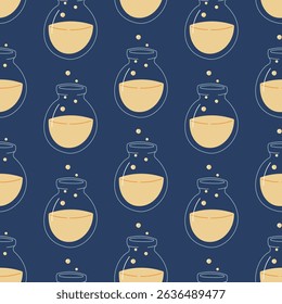 Vector seamless pattern with round glass flask filled with yellow liquid and bubbles. Perfect for educational materials, school science designs, chemistry lessons, and fun learning projects.