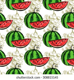 vector seamless pattern round green melon and ripe watermelon in a cut with grapes