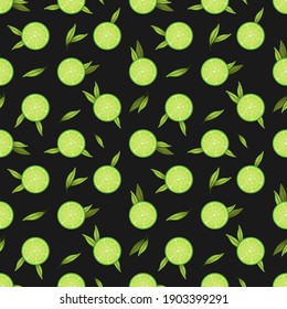 Vector seamless pattern with round lime slices and green leaves on black color; fruity background for wrapping paper, fabric, textile, packaging.