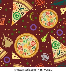 Vector seamless pattern of round pizza, pizza slices. Claret background with slices of vegetables