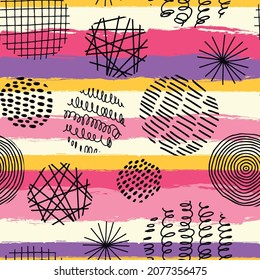 Vector seamless pattern with round textured elements for posters, prints, textile, fabric. Hand drawn contemporary trendy doodle shapes with stripes, dots, lines, curves, waves.
