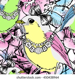 Vector seamless pattern with rouses and birds 2