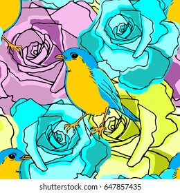 Vector seamless pattern with rouses and birds.