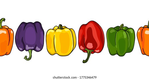 Vector seamless pattern with the row of hand drawn colorful bell peppers. Beautiful food design elements, ink drawing. Perfect for prints and patterns