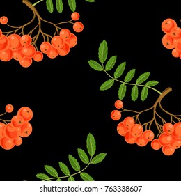 vector seamless pattern with rowan berries with green leaf at black background