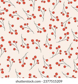 Vector seamless pattern with rowan berries.Christmas pattern with rowan branches.Thanksgiving Day.Seamless pattern for Merry Christmas with rowan.Harvest Day.Vector illustration.