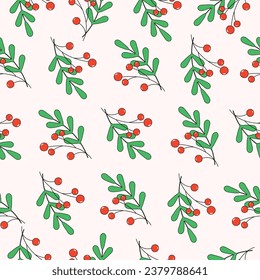 Vector seamless pattern with rowan berries.Christmas pattern with rowan branches.Seamless pattern for Merry Christmas with rowan. Harvest Day.Vector illustration.