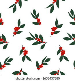 vector seamless pattern with rowan branches, leaves, red berries, mountain ash