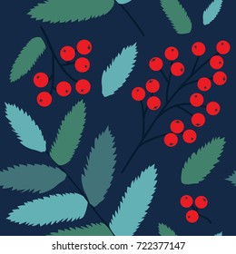 Vector seamless pattern of rowanberries with leaves. Winter berries flat background. Modern stylish background for wedding, invitations, wrapping paper design