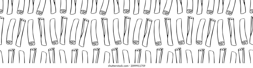 Vector seamless pattern with rows of contour cinnamon sticks in doodle style. Background or texture with seasoning, spice, ingredient for baking, hot drinks, aromatherapy, cooking