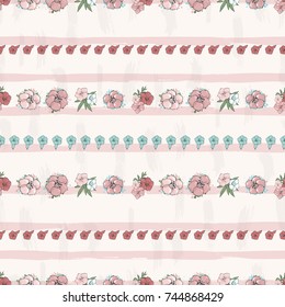 Vector seamless pattern. Rows of Exotic pink flowers on a background with stripes. Floral wallpaper.