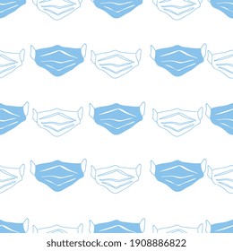 Vector seamless pattern with rows of face masks, respirators. Blue face mask and blue outlines. Covid-19 pattern.