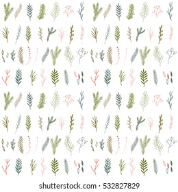 Vector seamless pattern with rows of hand drawn floral elements - laurels, berries, pine and fir trees twigs, leaves. Different shades of green, pink and blue on white background.