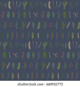 
Vector seamless pattern with rows of hand drawn floral elements - laurels, berries, pine and fir trees twigs, leaves. 