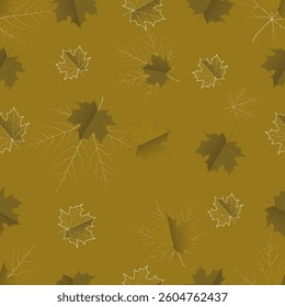 Vector seamless pattern with rows of leaves of different trees. Different shades