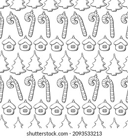 Vector seamless pattern with rows of outline toys, candy canes, houses, decorations, xmas trees. Festive backgrounds textures for Merry Christmas, happy New Year