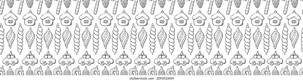 Vector seamless pattern with rows of outline toys, balls, decorations for xmas tree, in doodle style. Christmas and New Year backgrounds and textures