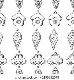 Vector seamless pattern with rows of outline toys, balls, decorations for xmas tree, in doodle style. Christmas and New Year backgrounds and textures