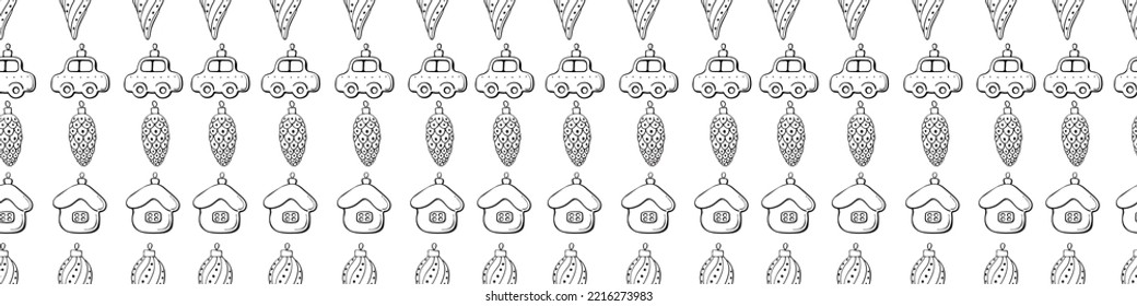 Vector seamless pattern with rows of outline toys, balls, decorations for xmas tree, in doodle style. Christmas and New Year backgrounds and textures