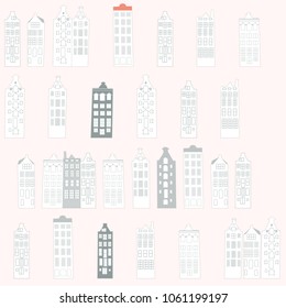 Vector seamless pattern with  rows of typical dutch canal houses  in Amsterdam, the Netherlands. Stylized facades of old buildings. EPS 8 stock vector.