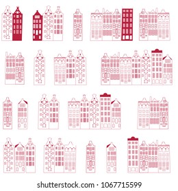 Vector seamless pattern with  rows of typical dutch canal houses  in Amsterdam, the Netherlands. Stylized facades of old buildings. EPS 8 stock vector.