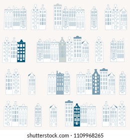 Vector seamless pattern with  rows of typical dutch canal houses  in Amsterdam, the Netherlands. Stylized facades of old buildings. EPS 8 stock vector.