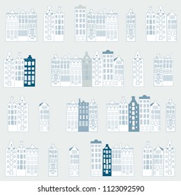 Vector seamless pattern with  rows of typical dutch canal houses  in Amsterdam, the Netherlands. Stylized facades of old buildings. EPS 8 stock vector.