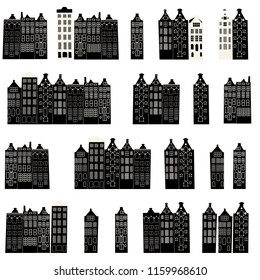 Vector seamless pattern with  rows of typical dutch canal houses  in Amsterdam, the Netherlands. Stylized facades of old buildings. EPS 8 stock vector.