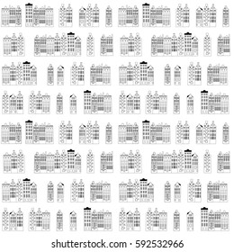 Vector seamless pattern with  rows of typical dutch canal houses  in Amsterdam, the Netherlands. Stylized facades of old buildings. Isolated on white background. EPS 8 stock vector.