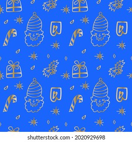 Vector seamless pattern royal blue and gold digital paper hand drawn. Christmas minimalist print doodle style .Design for wrapping paper, scrapbook paper,packaging, social media, textiles, fabric.