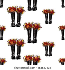 Vector seamless pattern with rubber boots and leaves bouquet. Background for decoration seasonal celebration, greeting card and banner. Hand drawn symbols on white backdrop.