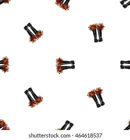 Vector seamless pattern with rubber boots and leaves bouquet. Background for decoration seasonal celebration, greeting card and banner. Hand drawn symbols on white backdrop.