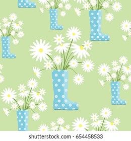 Vector seamless pattern with rubber boots with flowers