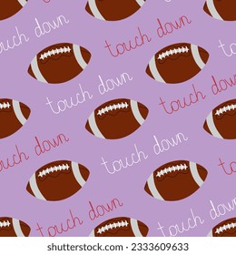 Vector seamless pattern with rugby balls and don't touch slogan in cartoon style. American football pattern