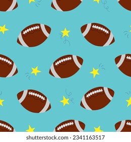 Vector seamless pattern with rugby balls and stars in cartoon style. American football pattern