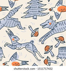 vector seamless pattern with running cartoon animals and flying birds