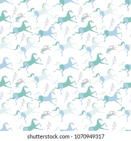 vector seamless pattern running horses and hares in a cold range