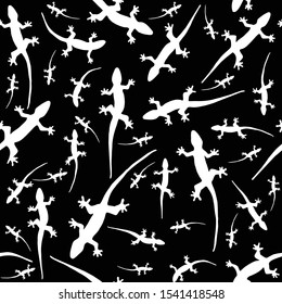 Vector seamless pattern of running lizards of different sizes in white on a black background.