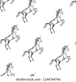 Vector seamless pattern with running unicorn. Hand drawn fantasy texture. Magic character in sketch style.