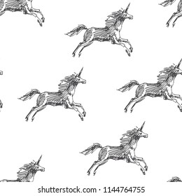 Vector seamless pattern with running unicorn. Hand drawn fantasy texture. Magic character in sketch style.