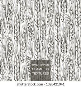 Vector seamless pattern Rural landscape field of wheat. Hand drawn engraving illustration of Countryside