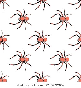Vector seamless pattern of russet spiders in doodle flat style. Color background and texture of theme of insects, animals, halloween, phobias